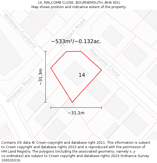 14, MALCOMB CLOSE, BOURNEMOUTH, BH6 4DU: Plot and title map