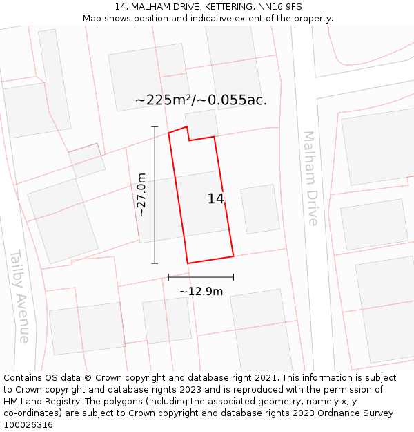 14, MALHAM DRIVE, KETTERING, NN16 9FS: Plot and title map