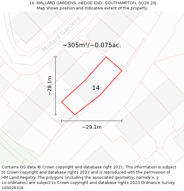 14, MALLARD GARDENS, HEDGE END, SOUTHAMPTON, SO30 2XJ: Plot and title map
