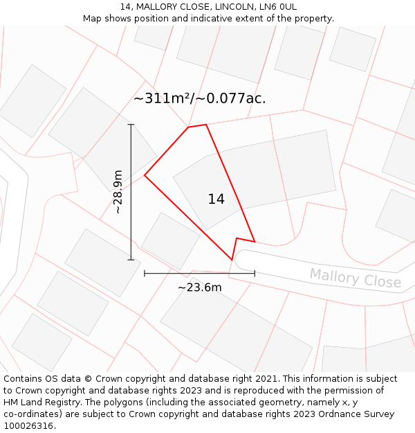 14, MALLORY CLOSE, LINCOLN, LN6 0UL: Plot and title map