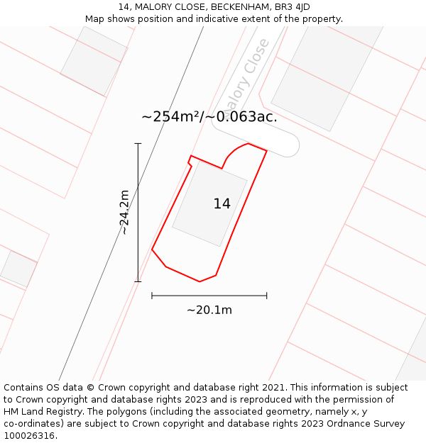 14, MALORY CLOSE, BECKENHAM, BR3 4JD: Plot and title map
