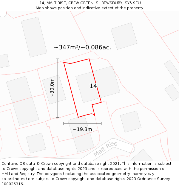 14, MALT RISE, CREW GREEN, SHREWSBURY, SY5 9EU: Plot and title map