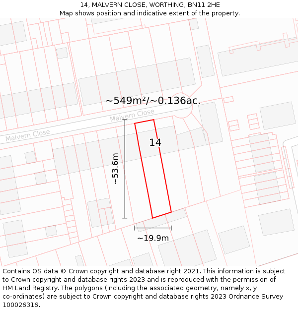 14, MALVERN CLOSE, WORTHING, BN11 2HE: Plot and title map