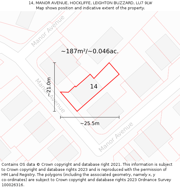 14, MANOR AVENUE, HOCKLIFFE, LEIGHTON BUZZARD, LU7 9LW: Plot and title map