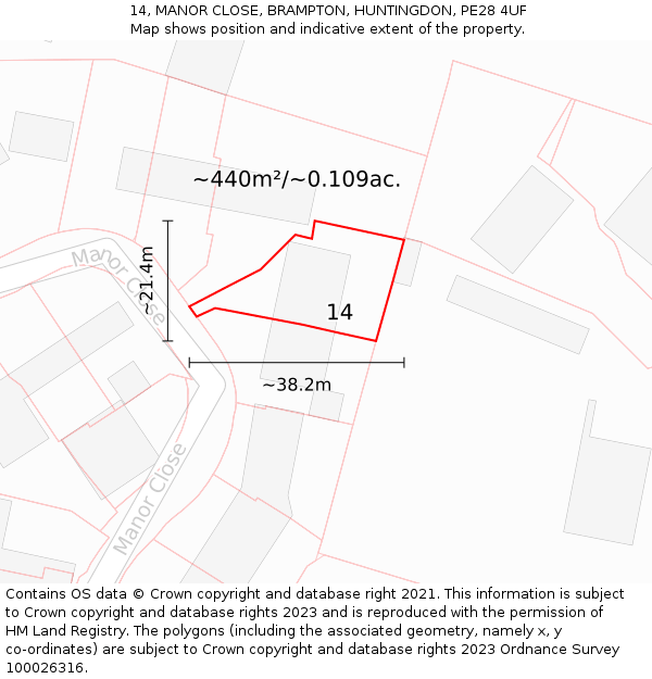 14, MANOR CLOSE, BRAMPTON, HUNTINGDON, PE28 4UF: Plot and title map
