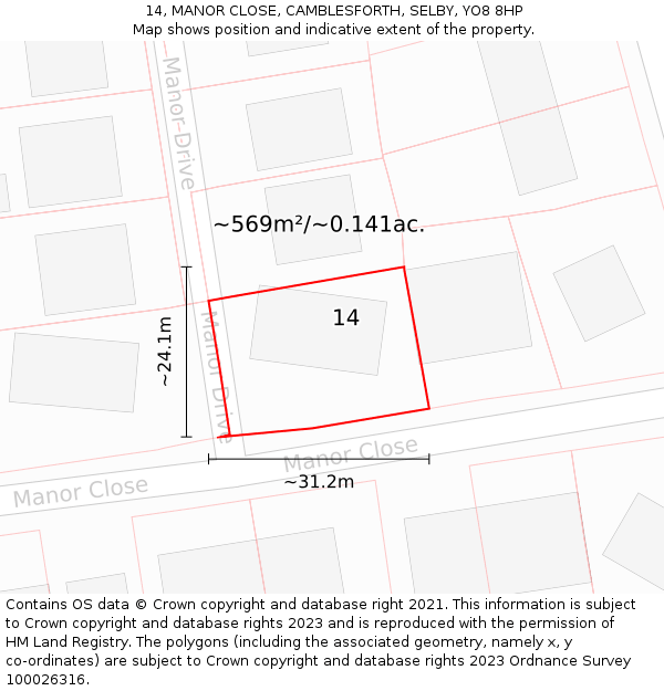 14, MANOR CLOSE, CAMBLESFORTH, SELBY, YO8 8HP: Plot and title map