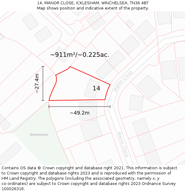 14, MANOR CLOSE, ICKLESHAM, WINCHELSEA, TN36 4BT: Plot and title map