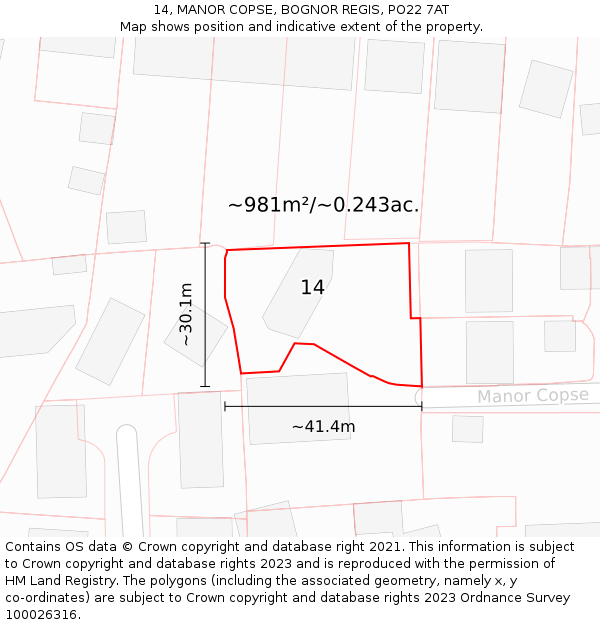 14, MANOR COPSE, BOGNOR REGIS, PO22 7AT: Plot and title map