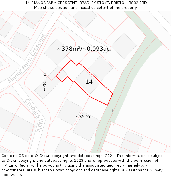 14, MANOR FARM CRESCENT, BRADLEY STOKE, BRISTOL, BS32 9BD: Plot and title map