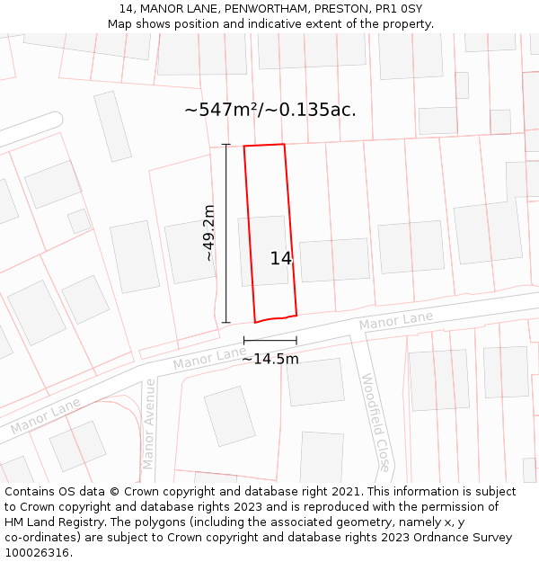 14, MANOR LANE, PENWORTHAM, PRESTON, PR1 0SY: Plot and title map