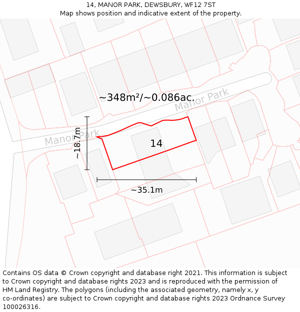 14, MANOR PARK, DEWSBURY, WF12 7ST: Plot and title map