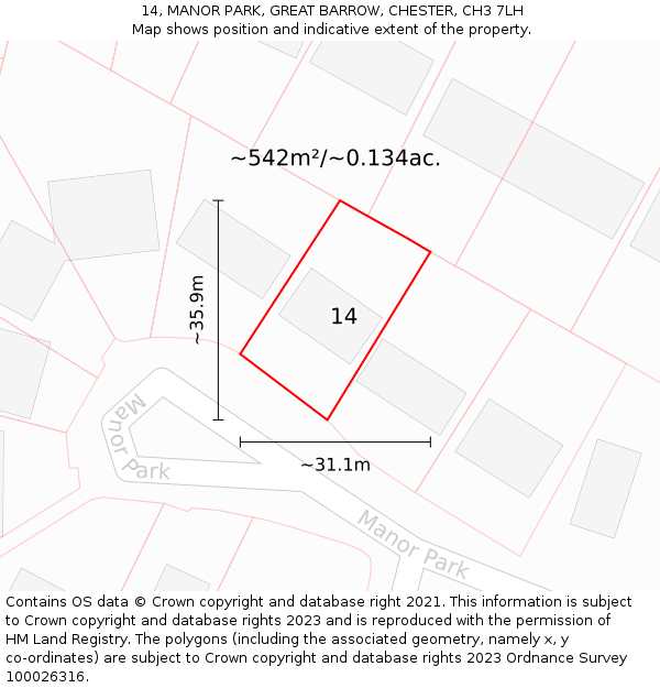 14, MANOR PARK, GREAT BARROW, CHESTER, CH3 7LH: Plot and title map