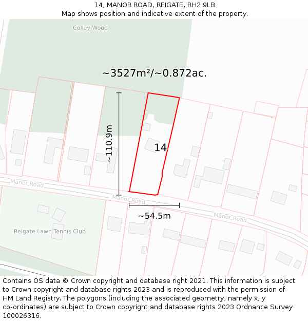 14, MANOR ROAD, REIGATE, RH2 9LB: Plot and title map