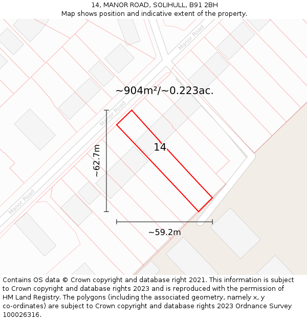14, MANOR ROAD, SOLIHULL, B91 2BH: Plot and title map