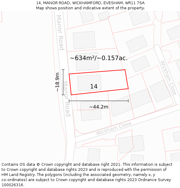 14, MANOR ROAD, WICKHAMFORD, EVESHAM, WR11 7SA: Plot and title map