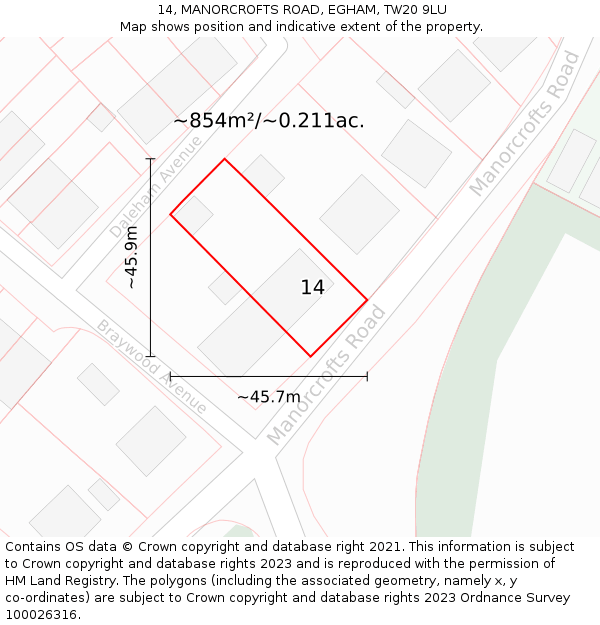 14, MANORCROFTS ROAD, EGHAM, TW20 9LU: Plot and title map