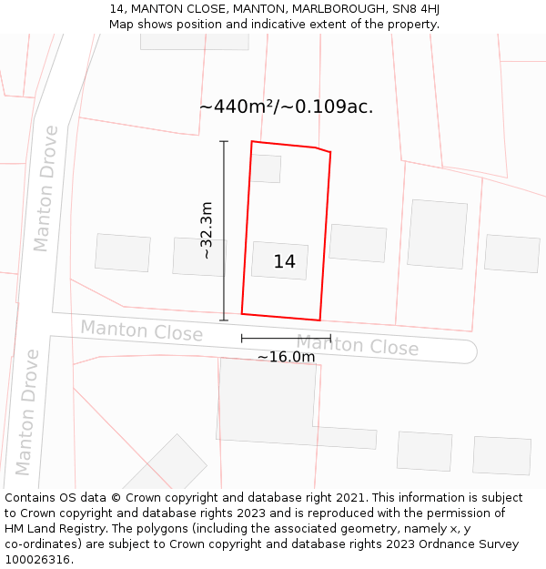 14, MANTON CLOSE, MANTON, MARLBOROUGH, SN8 4HJ: Plot and title map
