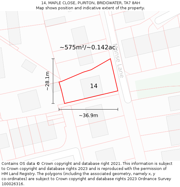 14, MAPLE CLOSE, PURITON, BRIDGWATER, TA7 8AH: Plot and title map