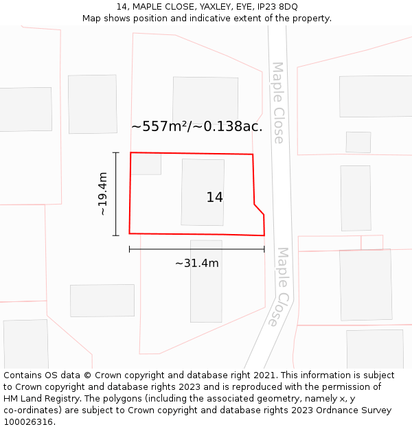 14, MAPLE CLOSE, YAXLEY, EYE, IP23 8DQ: Plot and title map