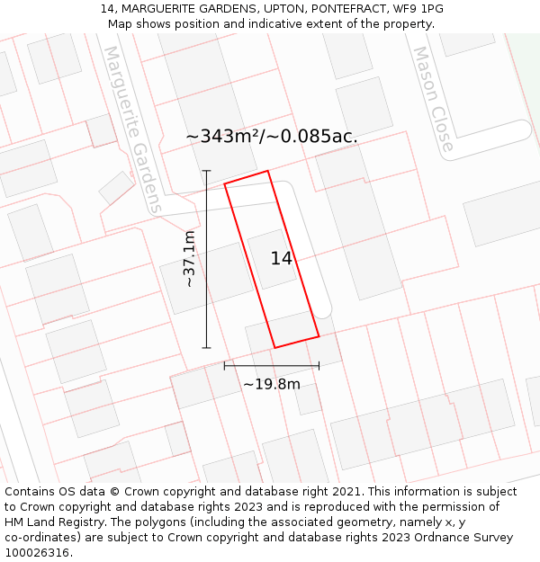 14, MARGUERITE GARDENS, UPTON, PONTEFRACT, WF9 1PG: Plot and title map
