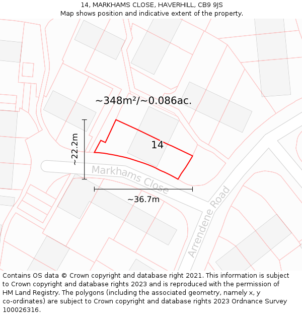 14, MARKHAMS CLOSE, HAVERHILL, CB9 9JS: Plot and title map