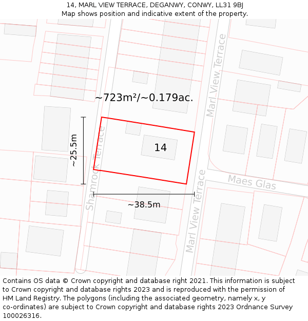 14, MARL VIEW TERRACE, DEGANWY, CONWY, LL31 9BJ: Plot and title map