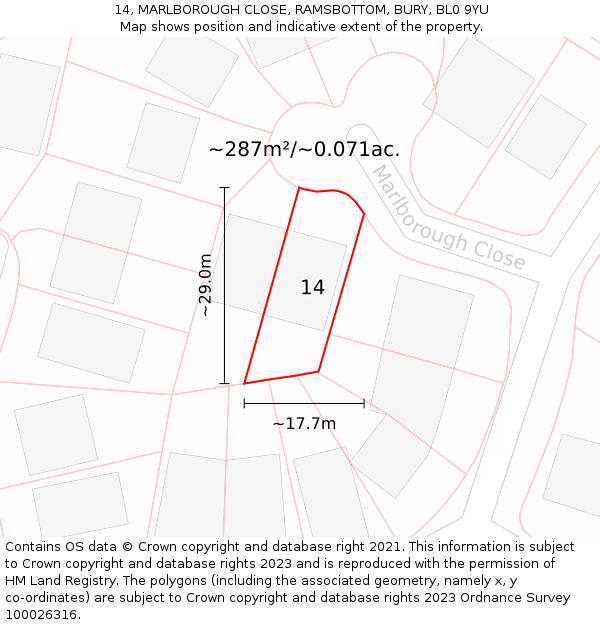 14, MARLBOROUGH CLOSE, RAMSBOTTOM, BURY, BL0 9YU: Plot and title map