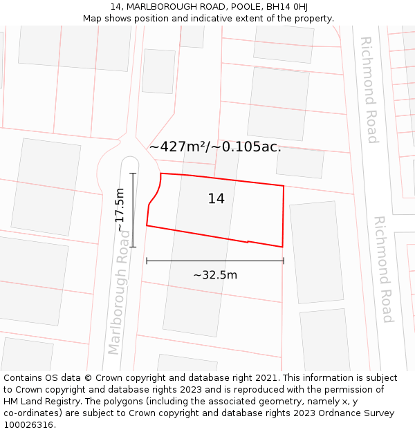 14, MARLBOROUGH ROAD, POOLE, BH14 0HJ: Plot and title map