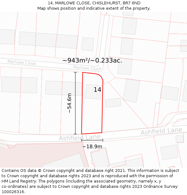 14, MARLOWE CLOSE, CHISLEHURST, BR7 6ND: Plot and title map