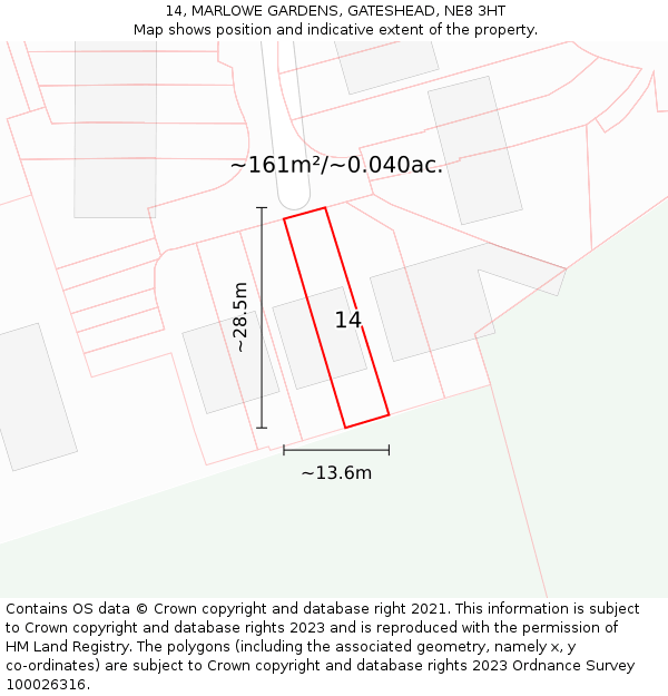 14, MARLOWE GARDENS, GATESHEAD, NE8 3HT: Plot and title map