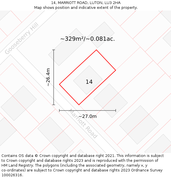 14, MARRIOTT ROAD, LUTON, LU3 2HA: Plot and title map