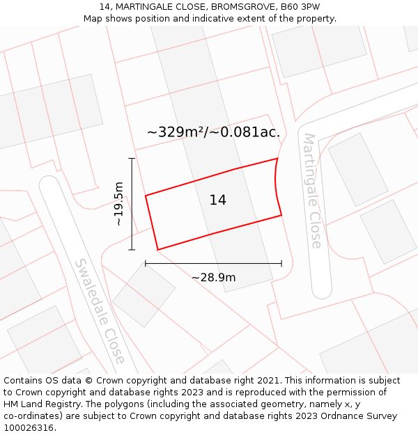 14, MARTINGALE CLOSE, BROMSGROVE, B60 3PW: Plot and title map