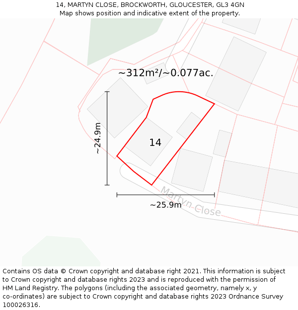 14, MARTYN CLOSE, BROCKWORTH, GLOUCESTER, GL3 4GN: Plot and title map