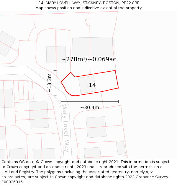 14, MARY LOVELL WAY, STICKNEY, BOSTON, PE22 8BF: Plot and title map