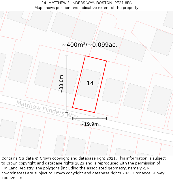 14, MATTHEW FLINDERS WAY, BOSTON, PE21 8BN: Plot and title map