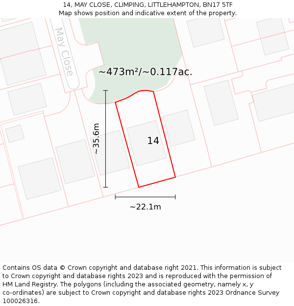 14, MAY CLOSE, CLIMPING, LITTLEHAMPTON, BN17 5TF: Plot and title map