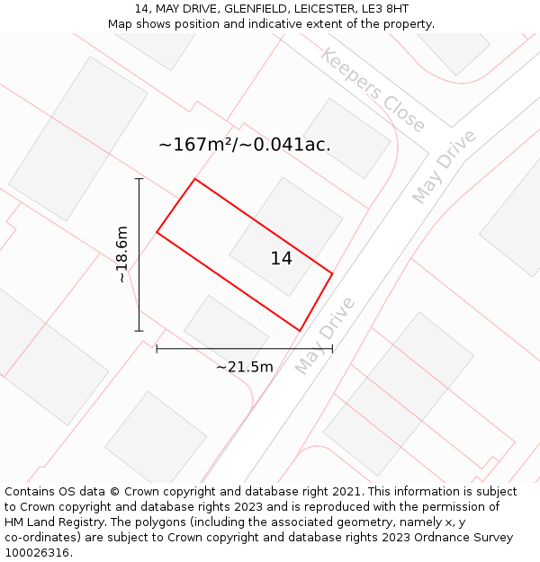14, MAY DRIVE, GLENFIELD, LEICESTER, LE3 8HT: Plot and title map
