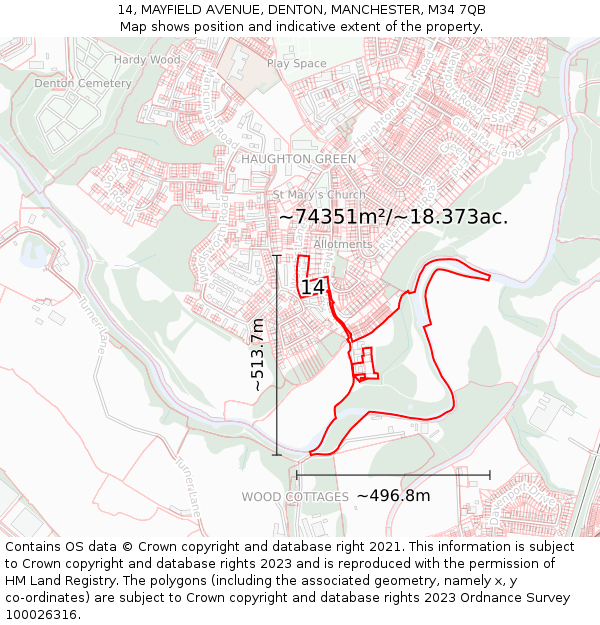 14, MAYFIELD AVENUE, DENTON, MANCHESTER, M34 7QB: Plot and title map