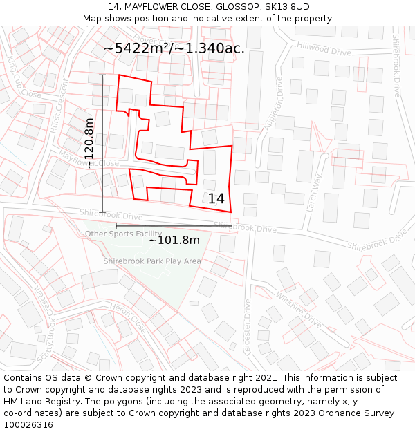 14, MAYFLOWER CLOSE, GLOSSOP, SK13 8UD: Plot and title map