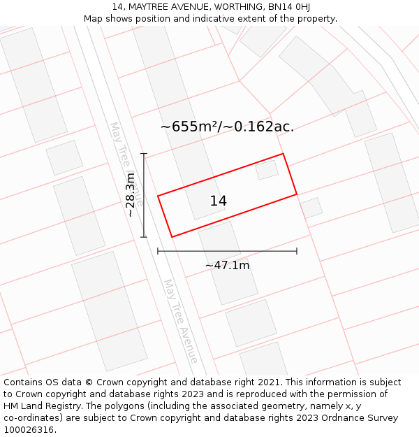 14, MAYTREE AVENUE, WORTHING, BN14 0HJ: Plot and title map
