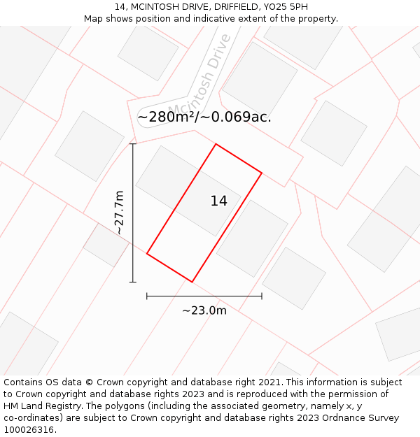 14, MCINTOSH DRIVE, DRIFFIELD, YO25 5PH: Plot and title map