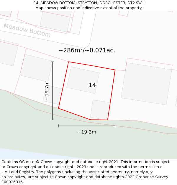 14, MEADOW BOTTOM, STRATTON, DORCHESTER, DT2 9WH: Plot and title map