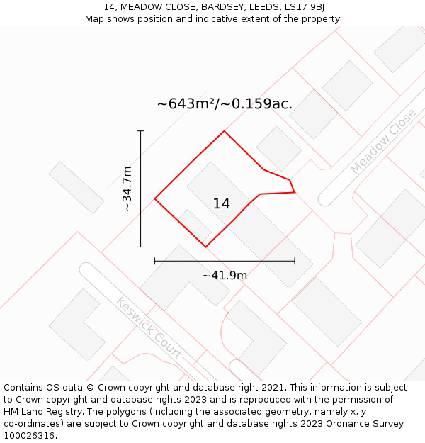 14, MEADOW CLOSE, BARDSEY, LEEDS, LS17 9BJ: Plot and title map