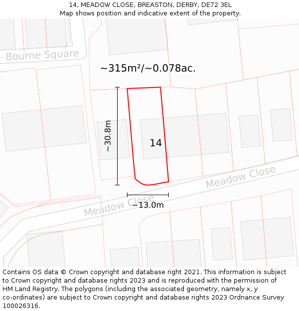 14, MEADOW CLOSE, BREASTON, DERBY, DE72 3EL: Plot and title map