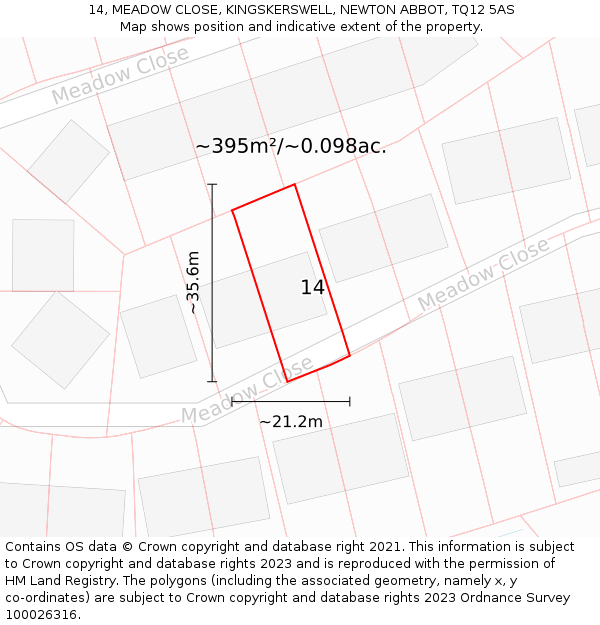 14, MEADOW CLOSE, KINGSKERSWELL, NEWTON ABBOT, TQ12 5AS: Plot and title map