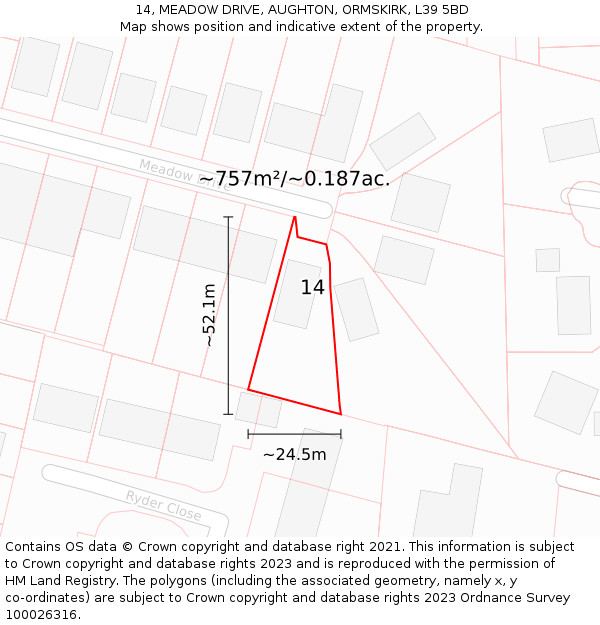 14, MEADOW DRIVE, AUGHTON, ORMSKIRK, L39 5BD: Plot and title map