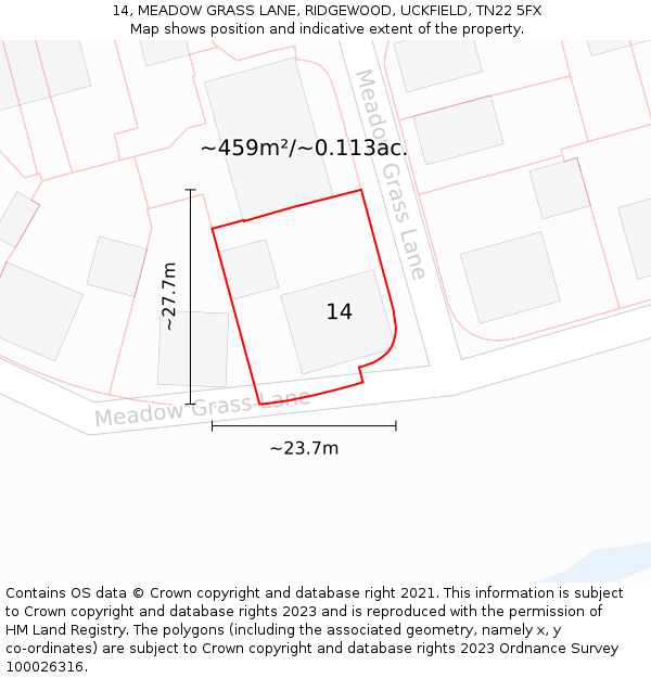 14, MEADOW GRASS LANE, RIDGEWOOD, UCKFIELD, TN22 5FX: Plot and title map
