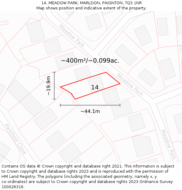 14, MEADOW PARK, MARLDON, PAIGNTON, TQ3 1NR: Plot and title map