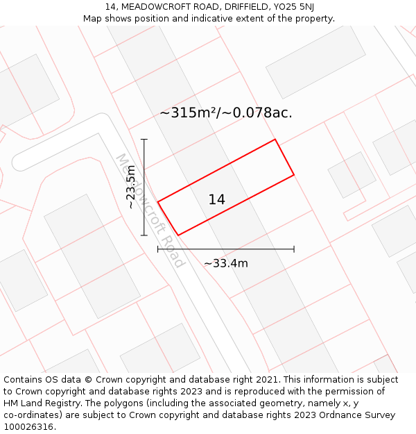 14, MEADOWCROFT ROAD, DRIFFIELD, YO25 5NJ: Plot and title map