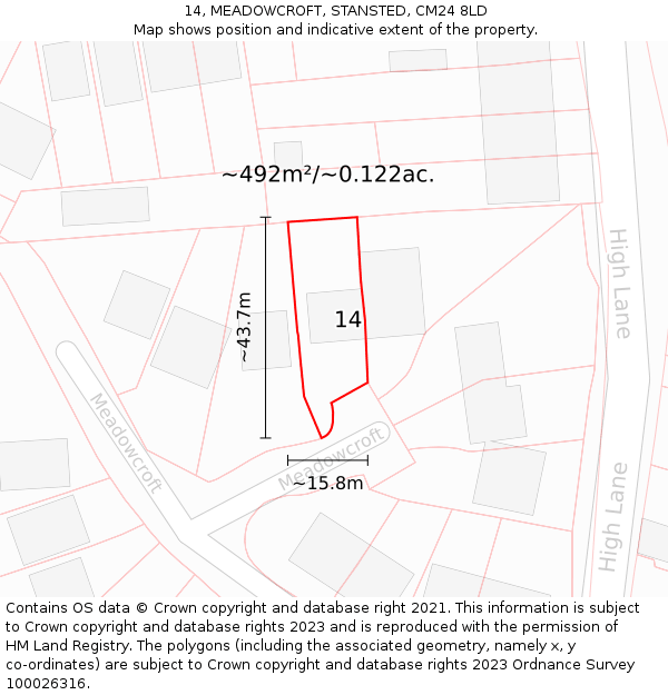 14, MEADOWCROFT, STANSTED, CM24 8LD: Plot and title map
